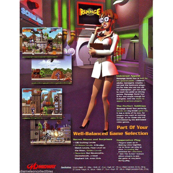 Rampage World Tour Video Arcade Game FLYER Original Ape Wolf Beast Monsters Art - Picture 2 of 2